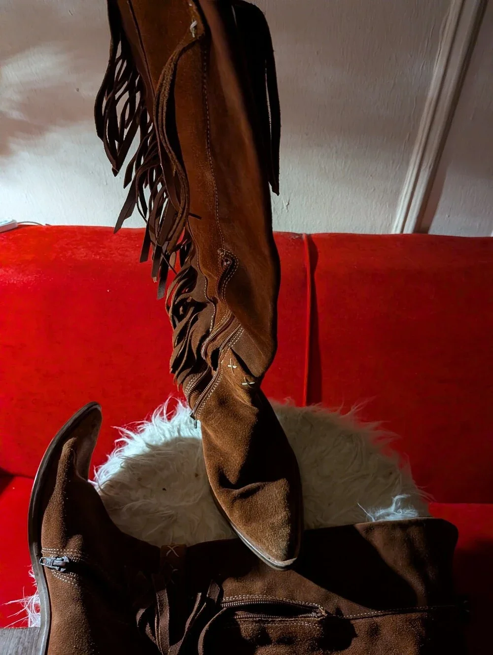 Women's Brown Suede Pointed-Toe Fringe Boots